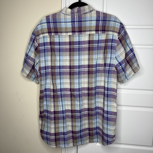 Tommy Bahama Linen Blend Shirt Men's Size Large Purple Beige Plaid Short Sleeve - Picture 3 of 7